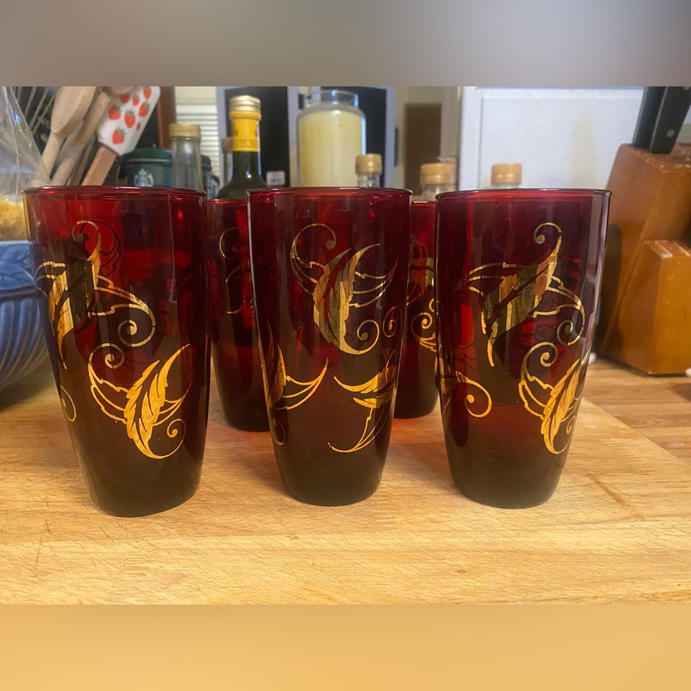 Anchor Hocking MCM Ruby Red set of 6 Tumblers, with 24k gold